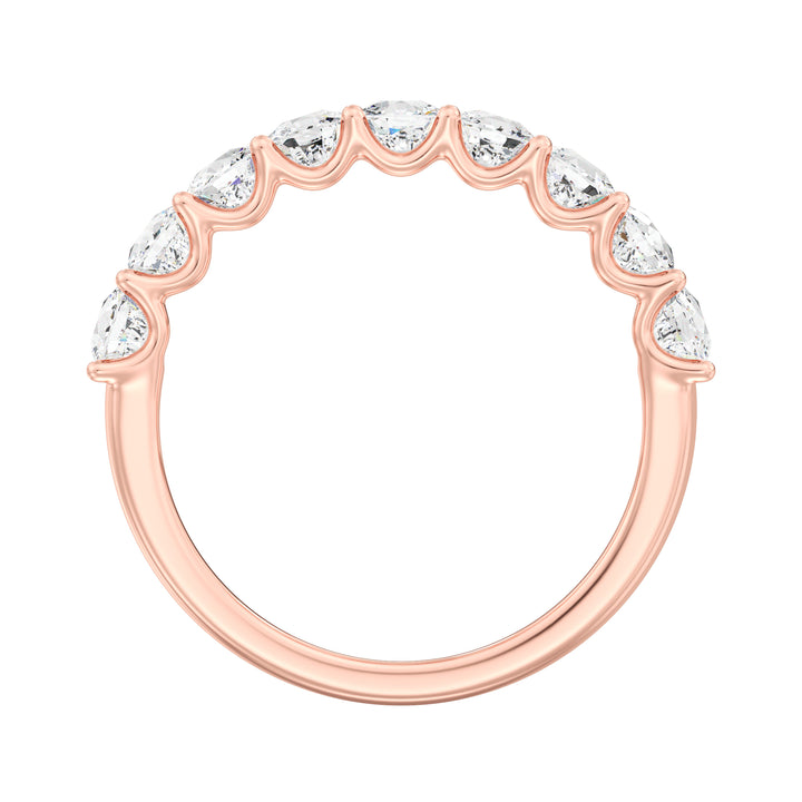 Image of a 9-stone cushion-cut lab-grown diamond scallop half-eternity wedding ring in 18K rose gold, featuring nine secure, low-profile prong-set diamonds