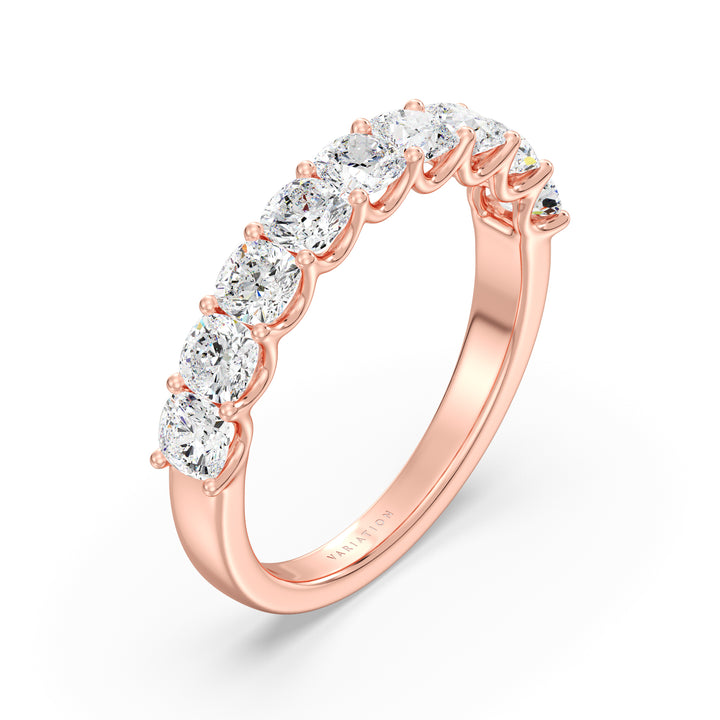 Image of a 9-stone cushion-cut lab-grown diamond scallop half-eternity wedding ring in 18K rose gold, featuring nine secure, low-profile prong-set diamonds