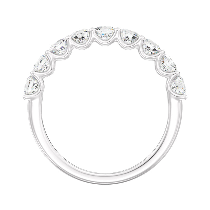 Image of a 9-stone cushion-cut lab-grown diamond scallop half-eternity wedding ring in 18K white gold, featuring nine cushion-cut diamonds set in a sleek, low-profile shared prong setting