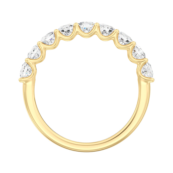 Image of a 9-stone cushion-cut lab-grown diamond scallop half-eternity wedding ring in 18K yellow gold, showcasing nine cushion-cut diamonds set in a secure, low-profile prong setting