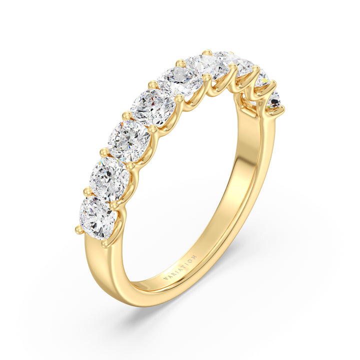 Image of a 9-stone cushion-cut lab-grown diamond scallop half-eternity wedding ring in 18K yellow gold, showcasing nine cushion-cut diamonds set in a secure, low-profile prong setting