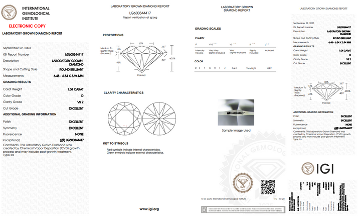 IGI gecertificeerd 1,04 CT ronde lab gekweekte diamant - vs2 duidelijkheid