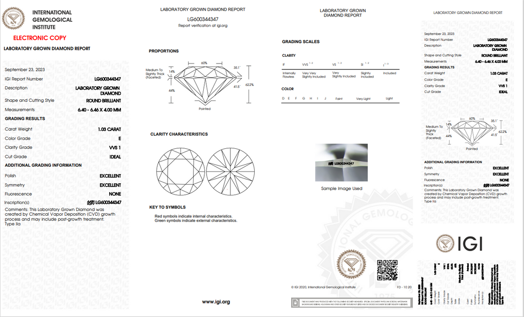 IGI Certified 1.03 CT Round Lab-Grown Diamond, VVS1 Clarity