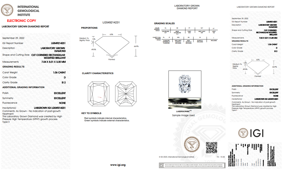 IGI Sertifikalı 1.06 CT Radyant Kesim Laboratuvarı Grown Diamond - SI2/D Renk