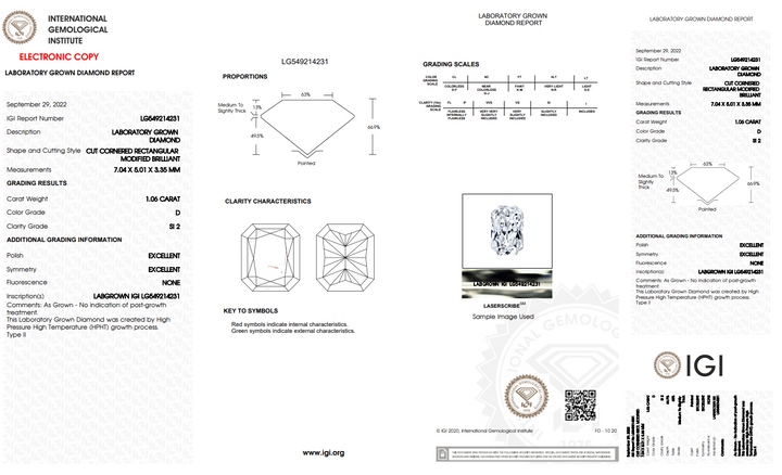 IGI Sertifikalı 1.06 CT Radyant Kesim Laboratuvarı Grown Diamond - SI2/D Renk