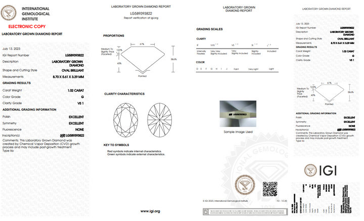 IGI Certificado 1,02 CT Laboratório Oval Diamante Cultivo | VS1 clareza