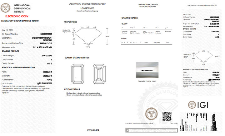 IGI gecertificeerd 1,05 CT Emerald Cut Lab Gegroeide diamant, VVS2 Clarity