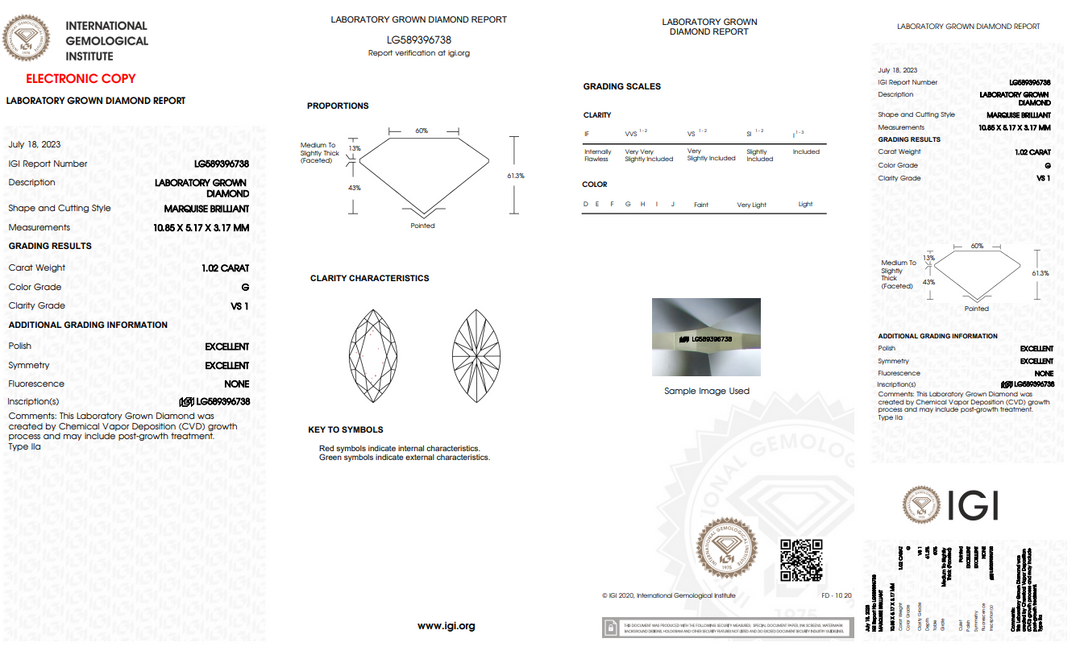 Diamante Certified de 1.02 CT Ct Marquise Lab, VS1 Clarity, G Color