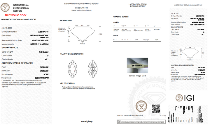 Diamante Certified de 1.02 CT Ct Marquise Lab, VS1 Clarity, G Color