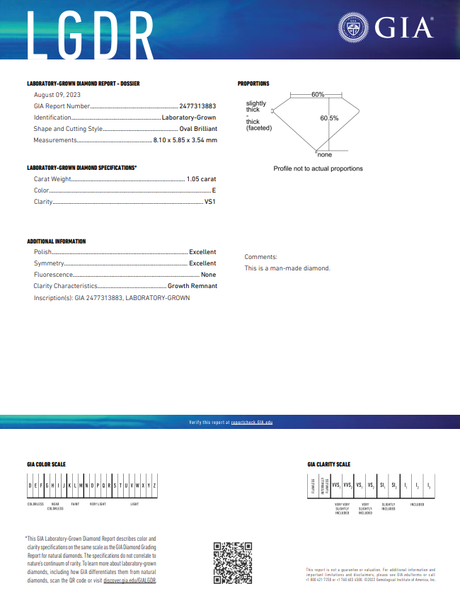GIA-gecertificeerd 1,05 CT Oval Lab Gegroeide diamant, VS1 Clarity