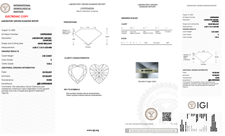 IGI gecertificeerd 1,05 ct hartvormig lab gekweekte diamant, vvs2 duidelijkheid, e kleur