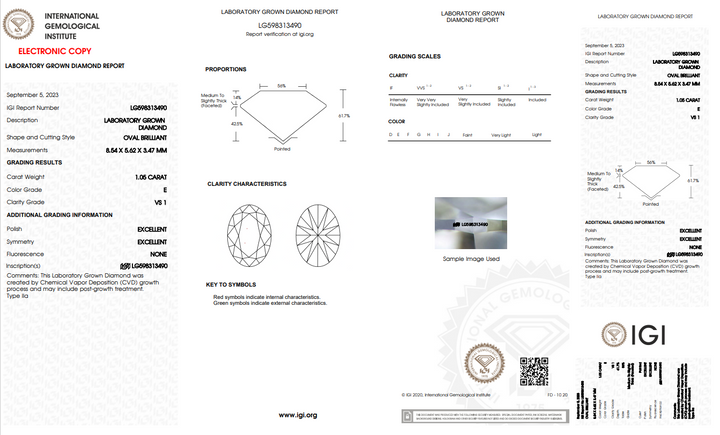 IGI gecertificeerd 1,05 CT Oval Lab Gegroeide diamant, VS1 Clarity
