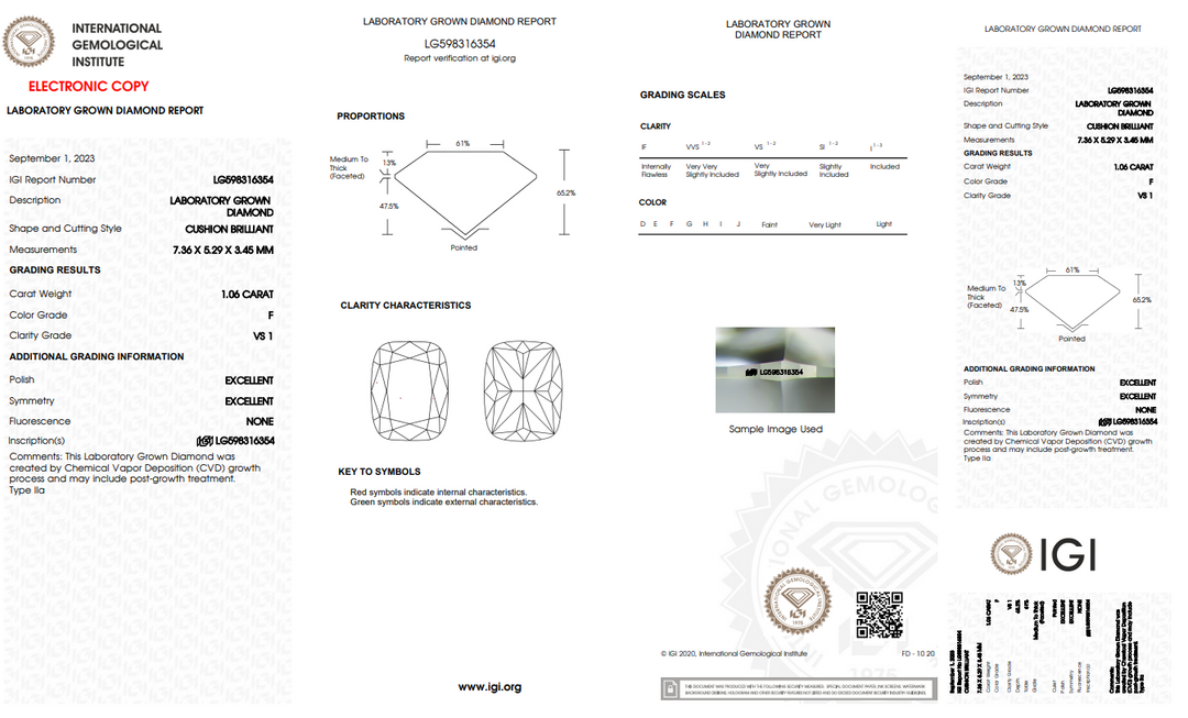 IGI Sertifikalı 1.06 CT Uzun Yastık Parlak Kesim Laboratuar Grown Diamond, VS1 Clarity, F Renk