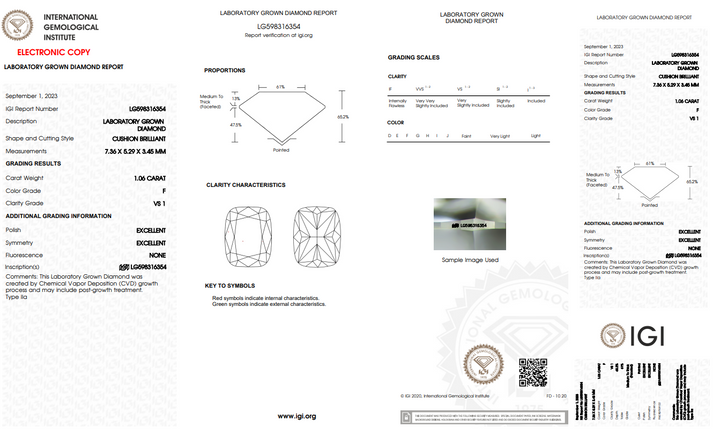 IGI Sertifikalı 1.06 CT Uzun Yastık Parlak Kesim Laboratuar Grown Diamond, VS1 Clarity, F Renk