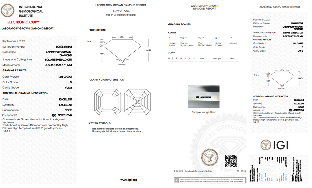 IGI Certified 1.03 CT Square Emerald Lab-Grown Diamond | Kejelasan VVS2 | D warna