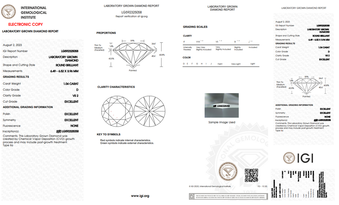 IGI gecertificeerd 1,04 ct ronde lab gekweekte diamant, vs2 duidelijkheid