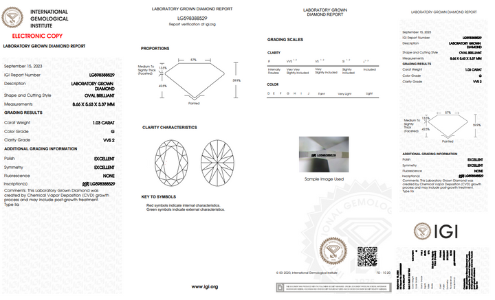 IGI bersertifikat 1,03 ct oval lab-tumbuh berlian, grade vvs2