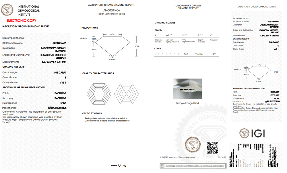 1.03 Carat Hexagon Shape Lab Grown Diamond, VVS1/E
