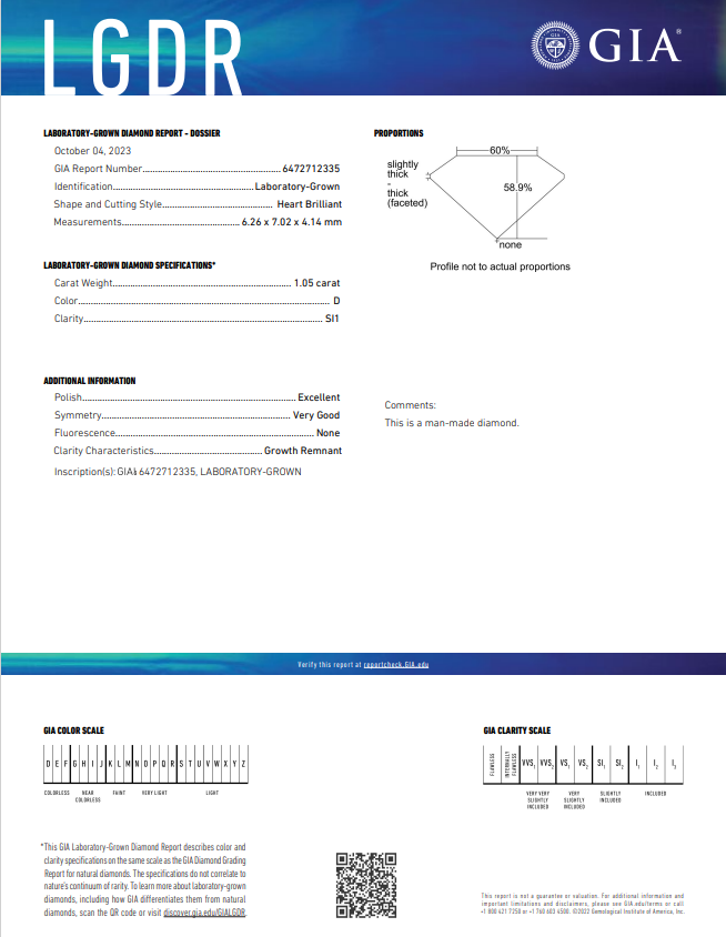 GIA Certified 1,05 CT hartvormige lab gekweekte diamant, SI1 Clarity, D-kleur