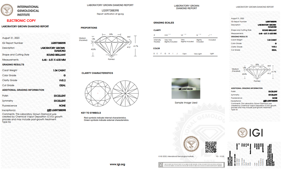 IGI gecertificeerd 1,04 CT ronde lab gekweekte diamant, vvs2, g kleur