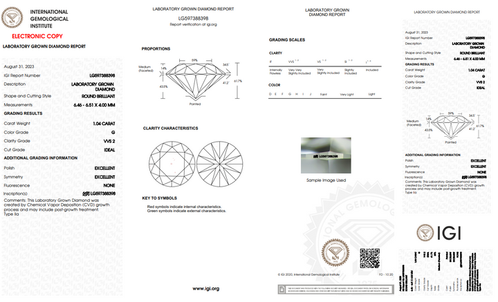 IGI gecertificeerd 1,04 CT ronde lab gekweekte diamant, vvs2, g kleur