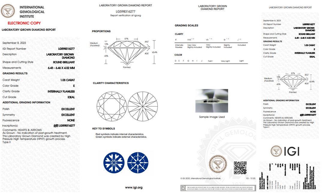 IGI Certified 1.03 CT Round Lab Didah Laboratorium, tanpa cacat internal (IF)