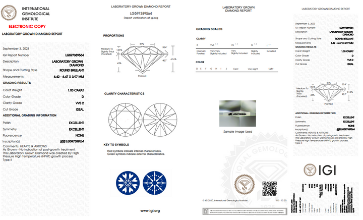 IGI Certified 1.03 CT Round Lab-Grown Diamond | Kejelasan VVS2