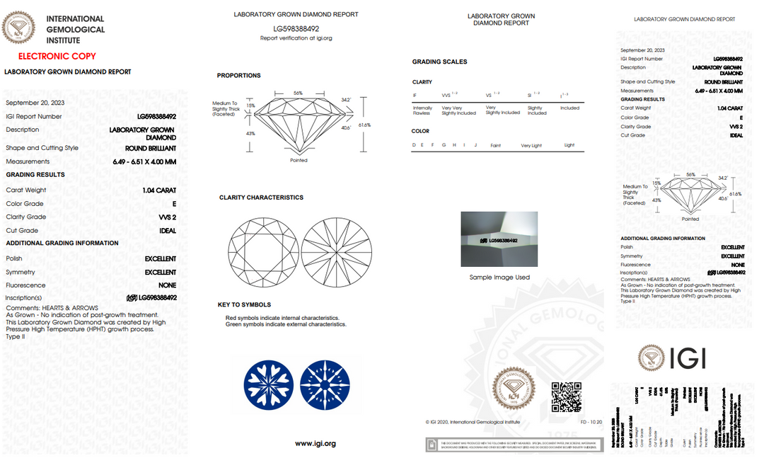 IGI gecertificeerd 1,04 CT ronde lab gekweekte diamant, vvs2, e kleur