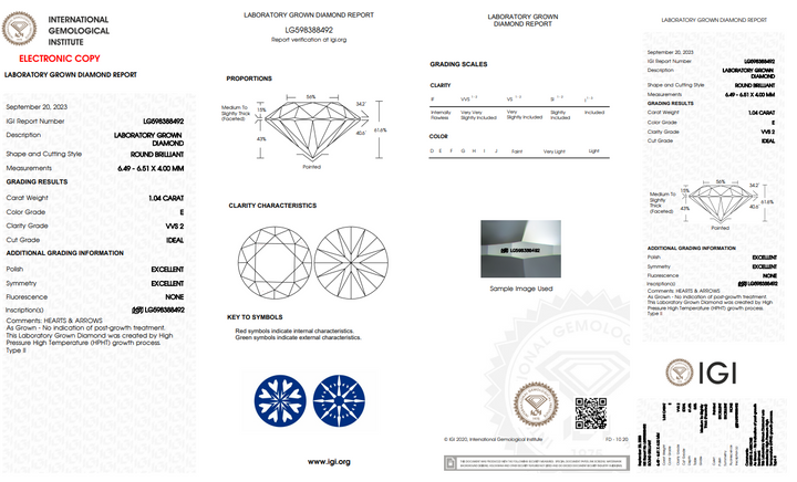IGI gecertificeerd 1,04 CT ronde lab gekweekte diamant, vvs2, e kleur