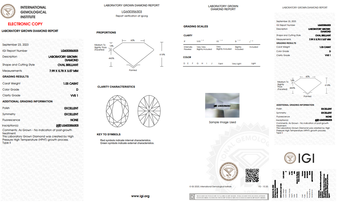 IGI bersertifikat 1,03 ct oval lab-tumbuh berlian, kejelasan vvs1