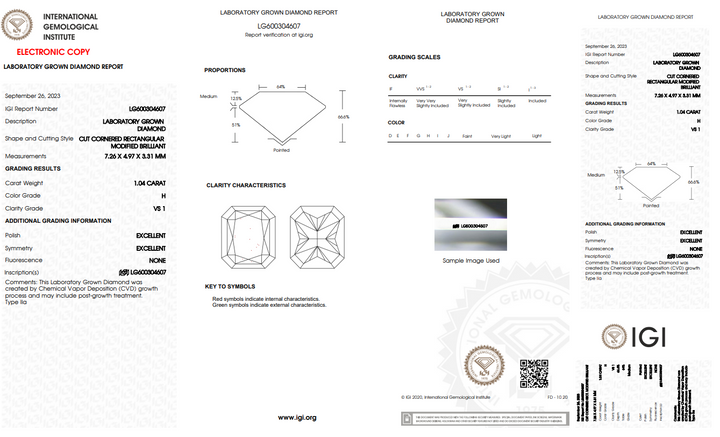 IGI gecertificeerd 1,04 CT Radiant Lab Gegroeide diamant, VS1 Clarity, H kleur met mix tinge schaduw