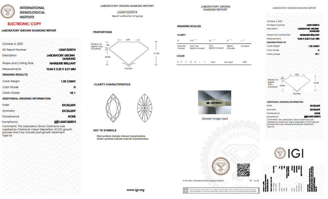 IGI Certified 1.03 CT Marquise Lab Grown Diamond, VS1 Clarity, H Color