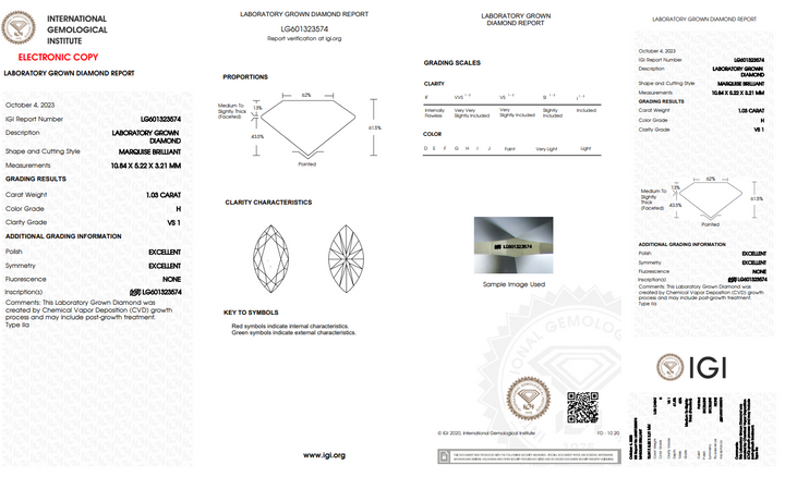 IGI Certified 1.03 CT Marquise Lab Grown Diamond, VS1 Clarity, H Color