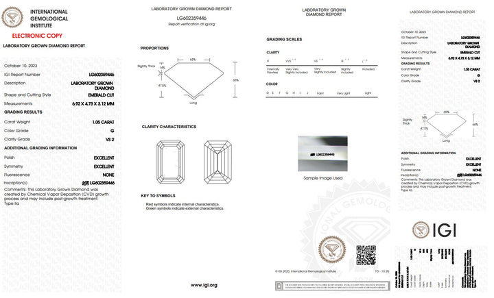 IGI gecertificeerd 1,05 CT Emerald Cut Lab Gegroeide diamant, vs2 Clarity