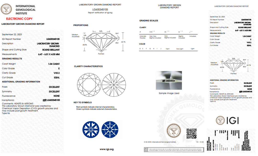 IGI gecertificeerd 1,04 ct ronde lab gekweekte diamant, vvs2, e kleur