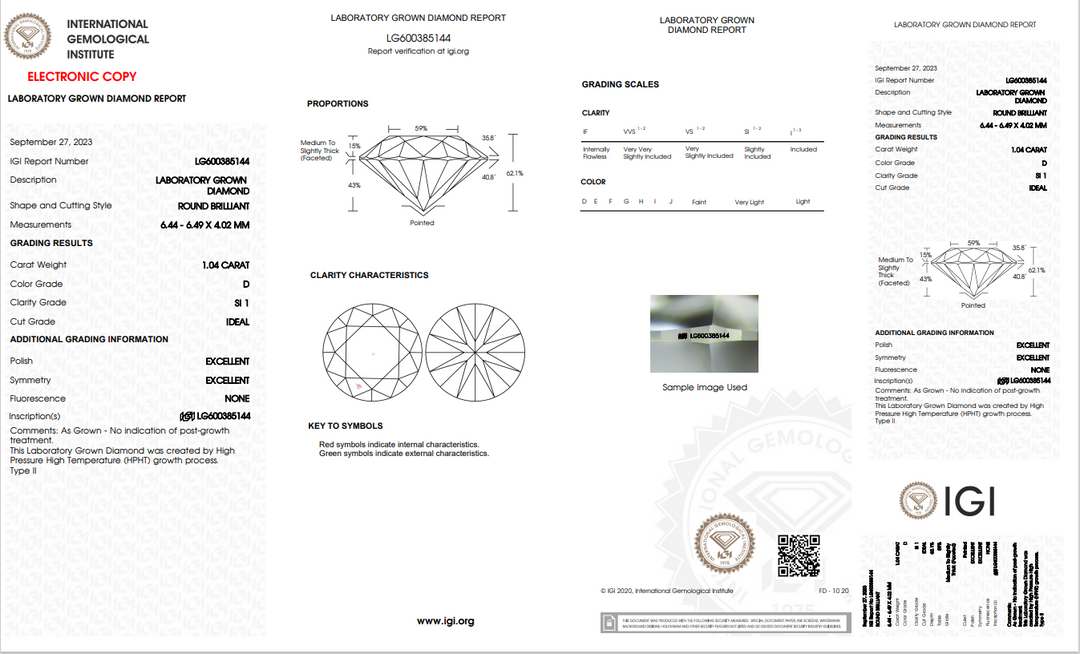 IGI Certificado 1,04 CT Round Lab cultivado Diamond, Si1 Clarity