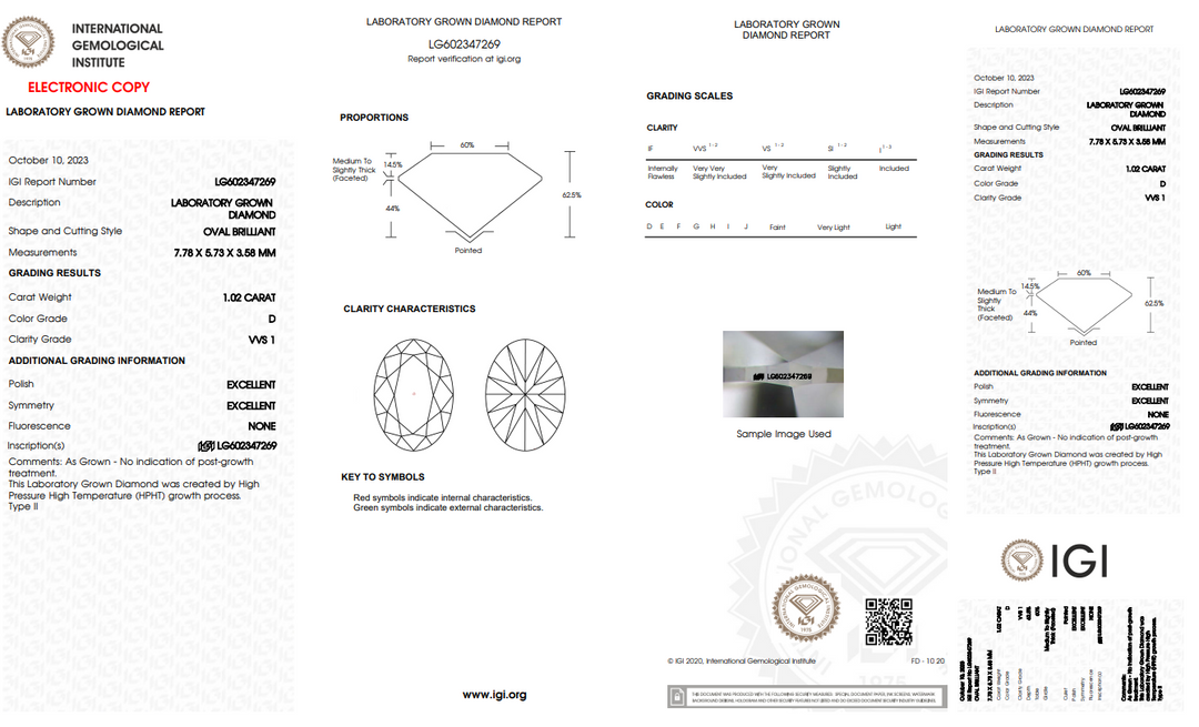 IGI Certificado 1,02 CT Oval Diamond cultivado por laboratório, Clareza VVS1