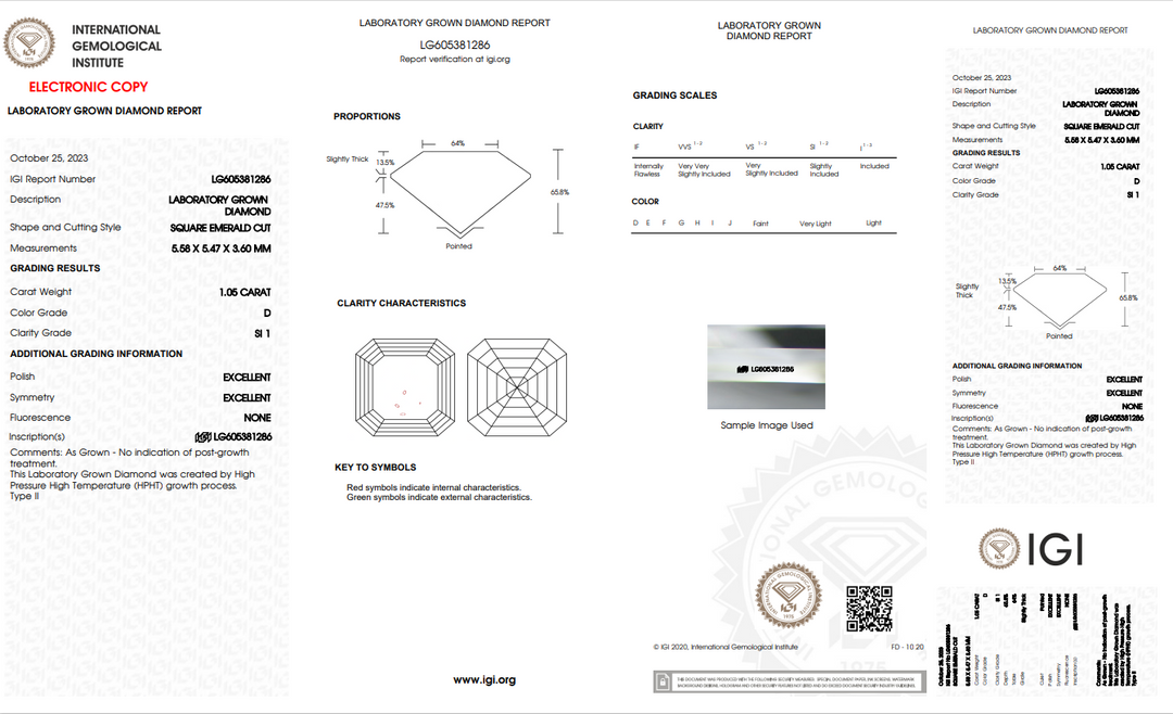 IGI Certified 1,05 CT Square Emerald Lab Gegroeide diamant - SI1 Clarity - D kleur
