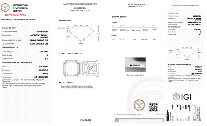 IGI Certified 1,05 CT Square Emerald Lab Gegroeide diamant - SI1 Clarity - D kleur