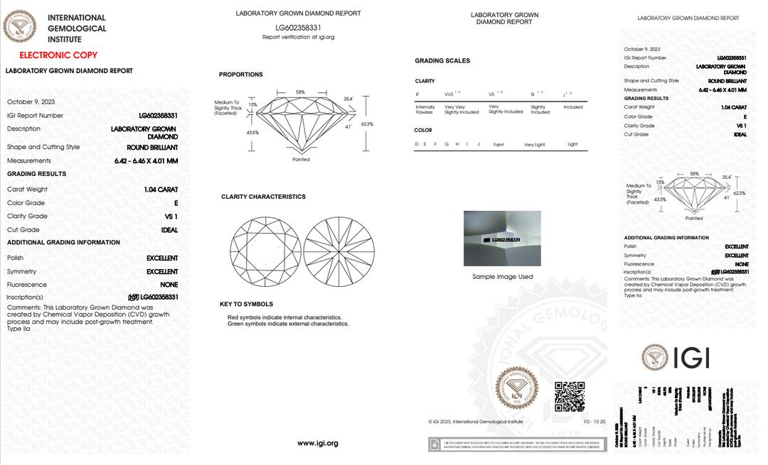 IGI gecertificeerd 1,04 CT ronde lab gekweekte diamant, vs1 duidelijkheid