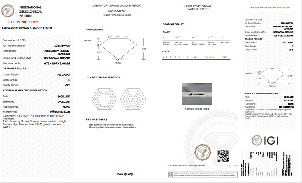 1.02 Carat Hexagon Cut Lab Grown Diamond, VS1/E