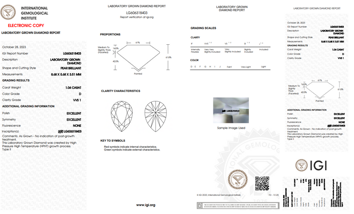 IGI bersertifikat 1,04 ct berlian laboratorium berbentuk pir, kejernihan vvs1, warna d