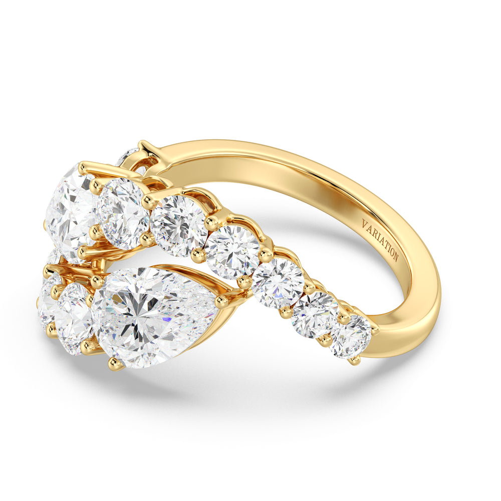 A breathtaking 18K yellow gold Toi et Moi bypass ring featuring two pear-cut lab-grown diamonds (1.50ct each) set in a classic prong setting. The ring is adorned with 12 round lab-grown diamonds (1.60ct total), enhancing its 4.60ct total carat weight. The warm yellow gold band beautifully complements the brilliance of the EF color, VS clarity diamonds, making it a timeless choice for engagements, anniversaries, or special occasions