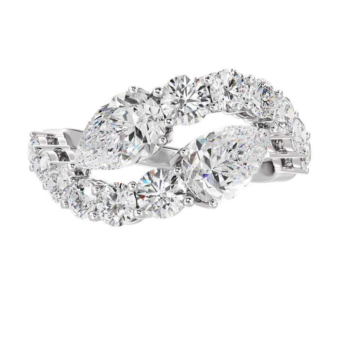 An elegant 18K white gold Toi et Moi bypass ring featuring two pear-cut lab-grown diamonds (1.50ct each) set in a timeless prong setting. The sleek white gold band enhances the brilliance of the EF color, VS clarity diamonds, complemented by 12 round lab-grown diamonds (1.60ct total), creating a dazzling 4.60ct total carat weight piece. A sophisticated and classic choice for engagements, anniversaries, or a luxurious statement ring
