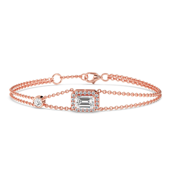 Double Chain Bracelet in 18K Rose Gold with an Emerald-Cut Lab-Grown Diamond in Halo Setting, featuring a 1ct center stone and 19 round EF/VS lab diamonds