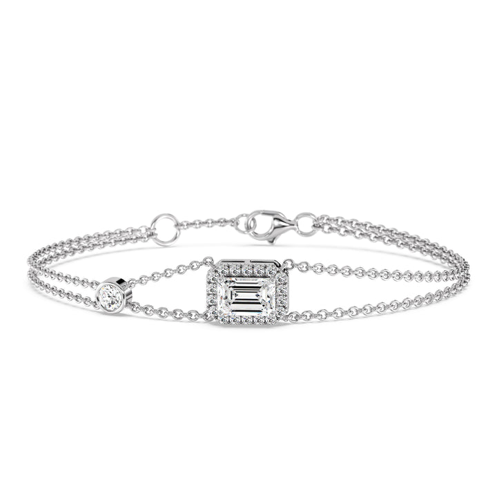Double Chain Bracelet in 18K White Gold with an Emerald-Cut Lab-Grown Diamond in Halo Setting, featuring a 1ct center stone and 19 round EF/VS lab diamonds