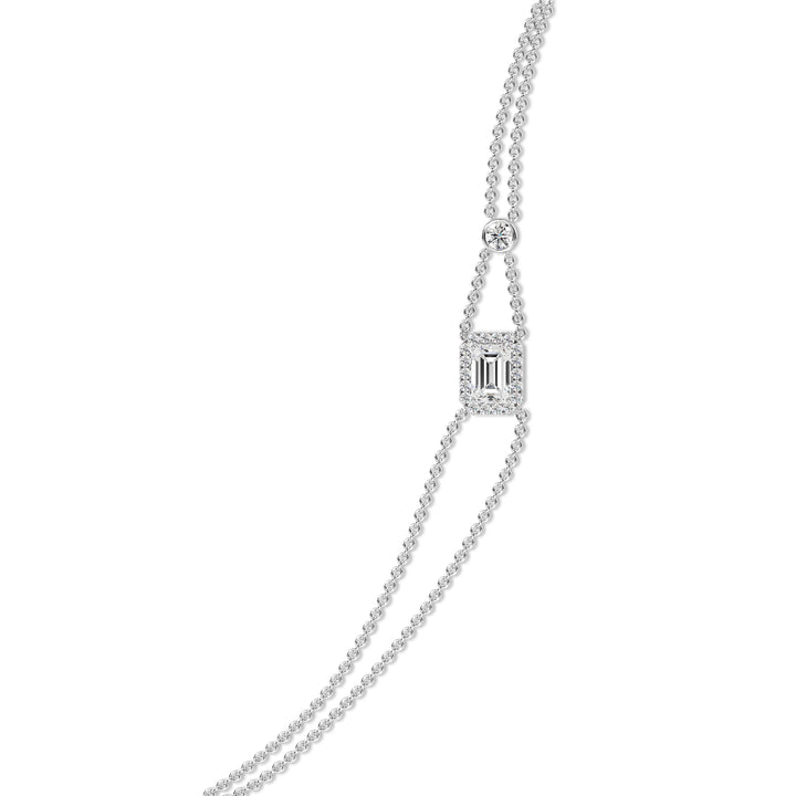Double Chain Bracelet in 18K White Gold with an Emerald-Cut Lab-Grown Diamond in Halo Setting, featuring a 1ct center stone and 19 round EF/VS lab diamonds