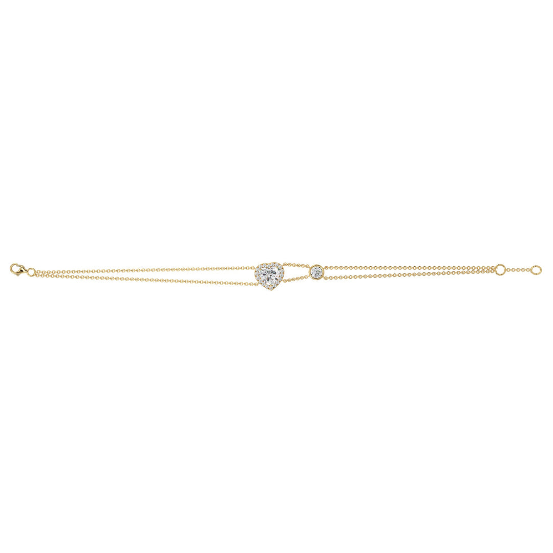 Double Chain Bracelet in 18K Yellow Gold with a Heart-Cut Lab-Grown Diamond in Halo Setting, featuring a 1ct center stone and 19 round EF/VS lab diamonds