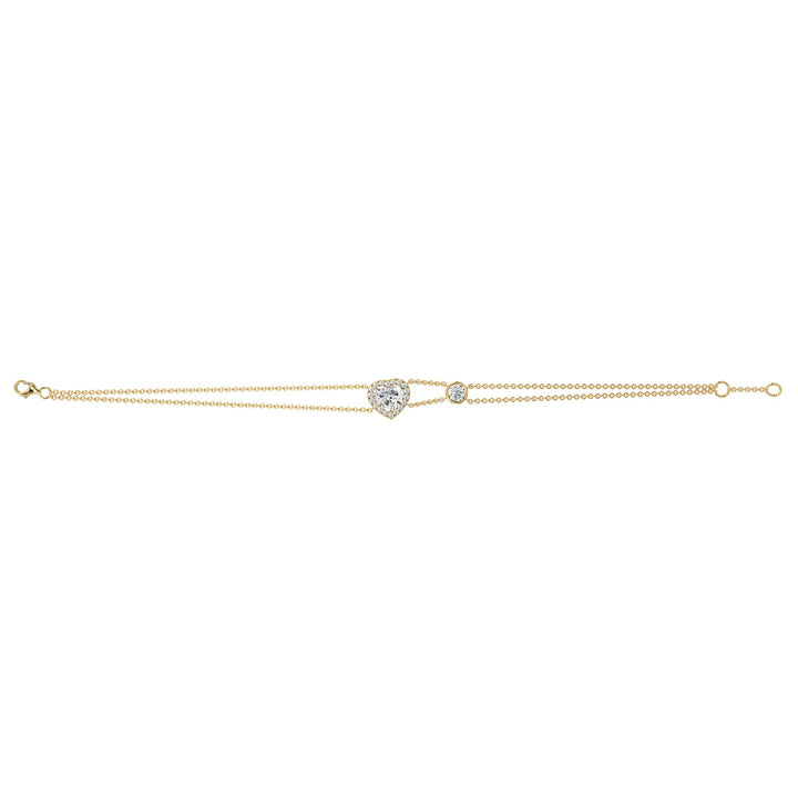 Double Chain Bracelet in 18K Yellow Gold with a Heart-Cut Lab-Grown Diamond in Halo Setting, featuring a 1ct center stone and 19 round EF/VS lab diamonds
