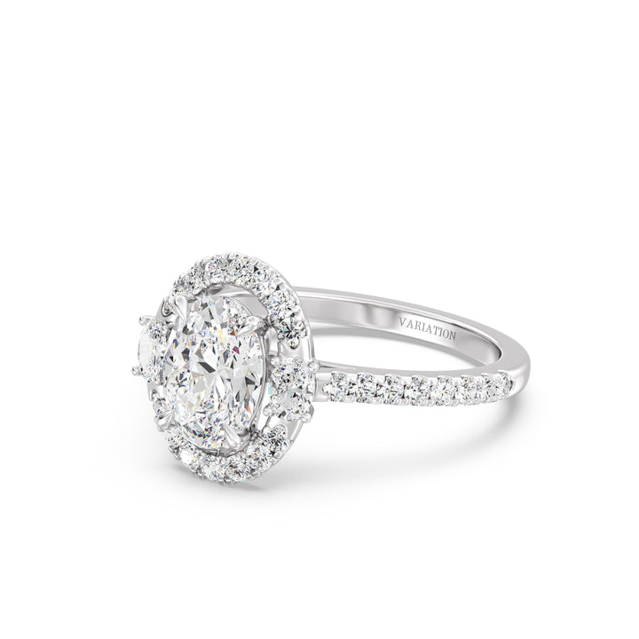 Elegant 18K white gold oval lab-grown diamond halo engagement ring with 1.50ct center stone, side oval diamonds, and pavé round diamond accents